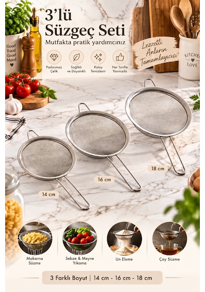 Porsima 4528 Paslanmaz Çelik 3'lü Tel Süzgeç Seti Un Eleği, Çay, Un & Unlu Mamul Süzgeci 14-16-18 Cm