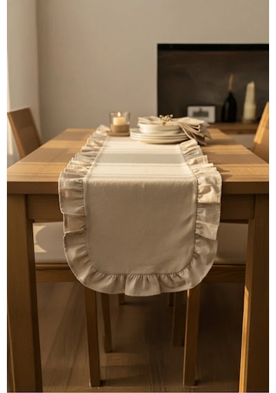 Yunusoğlu Home Fırfırlı Masa Runner 40x120 Cm Şık Dekoratif Masa Örtüsü Bej