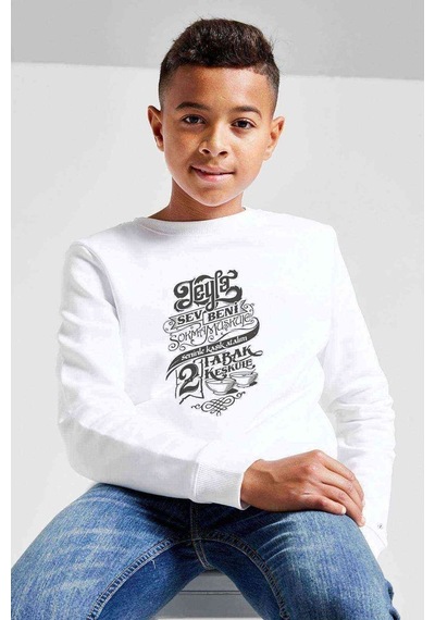 Tshirthane Leyla Sev Beni Baskılı Unisex Çocuk Beyaz Sweatshirt (528552994) Beyaz