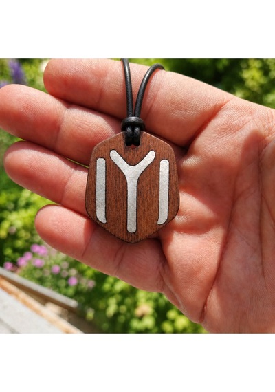 Kayı Boyu İyi Sembol Çift Taraflı Ahşap Metal Döküm Kolye - Unisex 011 - Kahverengi