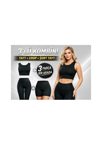 Öners Premium 3 Parça Spor Takım - Dalgıç Kumaş Yüksek Bel Tayt-biker Şort-crop Siyah Siyah
