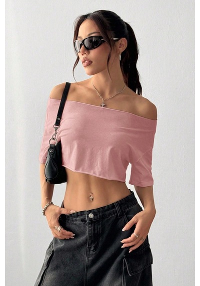 Kadın Pembe Kayık Yaka Oversize Crop T-shirt Pembe