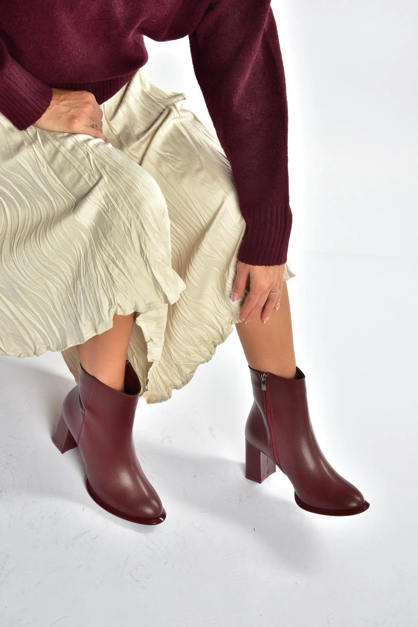 Fox Shoes V590166309 Bordo Kalın Topuklu Klasik Kadın Bot Bordo-suni Deri