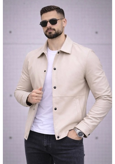 Baselco Trend Basic Deri Ceket Krem Çıtçıtlı Deri