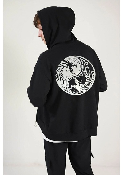 Altamira Unisex Siyah Sırt Baskılı Ince Mevsimlik Kapşonlu Oversize Hırka 001