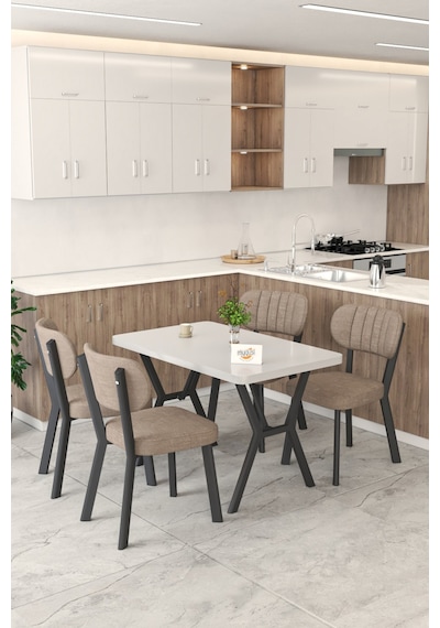 Gnr 70x110cm Sabit Beyaz Mutfak Masası Takımı, Yemek Masası, 4 Modern Cappucino Sandalye Cappuccino
