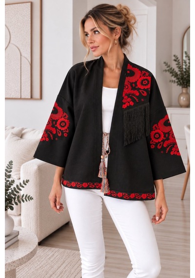 Lima Lacivert Kadın Nakışlı Ceket Etnik Desenli Püskül Detaylı Kimono Ceket