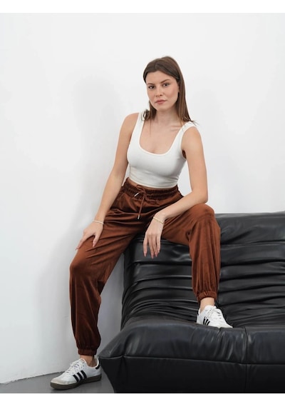 Paça Lastikli Kadife Eşofman Kahve Md34 Kahve