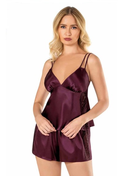 Night Light Kadın Mürdüm Saten Babydoll Şort Takımı Mürdüm