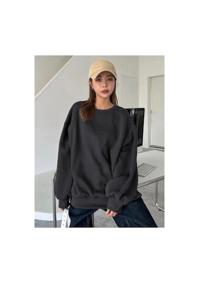 Velmora Fashion Kadın Düz Bisiklet Yaka 3 İplik Sweatshirt - Siyah