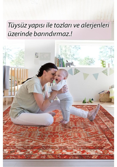 Foldy Vintage Desenli Dokuma Taban Dekoratif Kırmızı Halı Fl 24