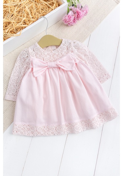 Babymod Fiyonklu Dantelli Kız Bebek Elbise Pembe Şık Doğum Günü Özel Gün Bebek Elbise Pembe