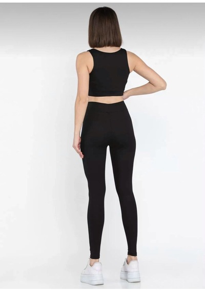 Butik Siyah Kadın Kalın Askılı Fitilli Crop Yüksek Bel Sporcu Tayt İkili Takım SiYAH