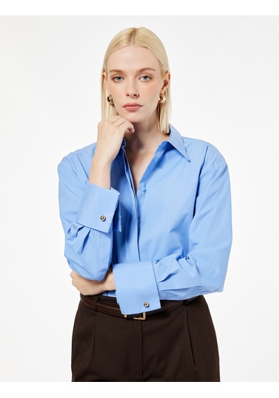 Koton Pamuklu Uzun Kollu Oversize Poplin Gömlek Mavi 7wak60014pw