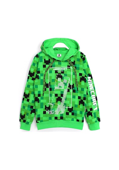 360 Derece Minecraft Baskılı Kışlık Çocuk Kapüşonlu Sweatshirt Yeşil