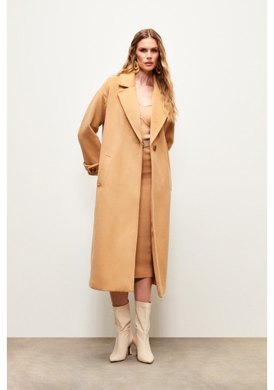 Sateen Kol Kemer Detaylı Salaş Kaban - Camel-133685 Camel