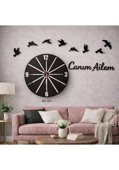 Duvar Saati 40 Cm 8 Adet Kuş Temalı Canım Ailem No99 Çok Renkli