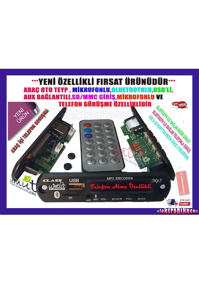 Bluetoothlu Oto Teyp Usb Sd Çevirici Aux Kumandalı Mikrofonlu