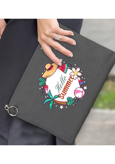 Bk Gift Yaz Temalı-4 Astarlı Antrasit Portföy Çanta 30x21cm, Baskılı El Çantası, Organizer Çanta Çok Renkli