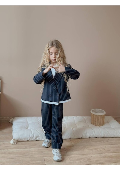 Miniko Kids Kız Çocuk Poliviskon Çizgili Blazer Ceket Pantolon Dokuma Kumaş Takım Lacivert