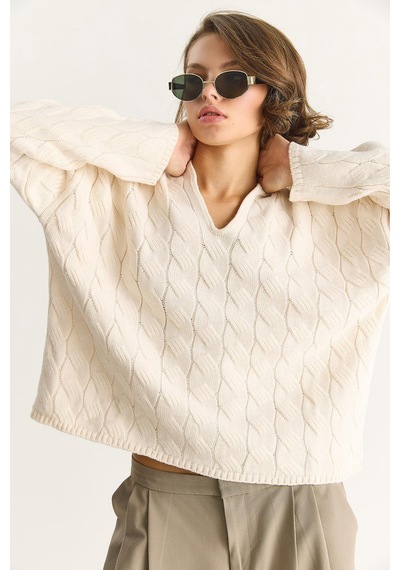 Shade Kadın Oval Yaka Saç Örgü Oversize Triko Kazak Tk241277 60284091 - Krem