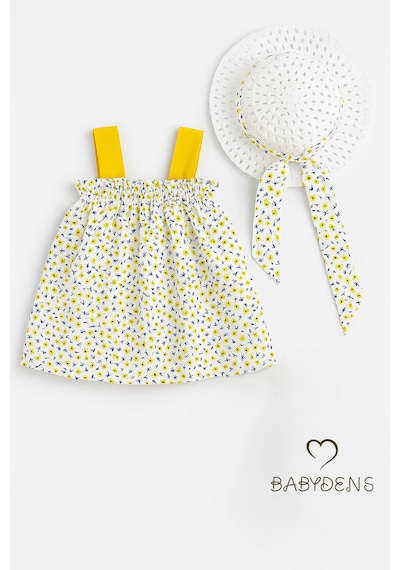Babyden's Kız Bebek Çiçek Desenli Fiyonklu Yazlık Elbise Şapkalı Takım Pamuklu Sarı Çiçekli Bebek Kombini Sarı