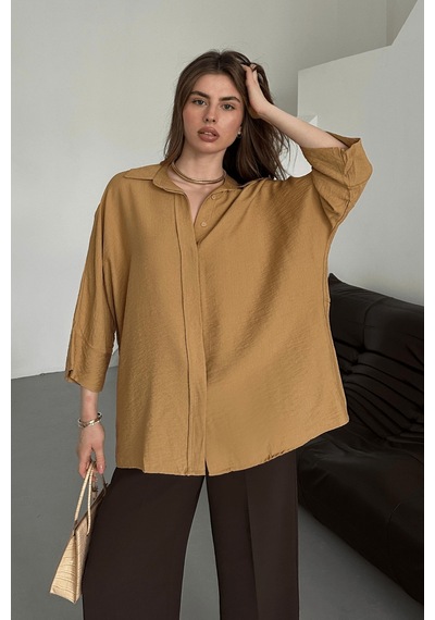 Paw Garage Kadın Evelyn Vizon Oversize Gömlek, Keten Ayrobin Ön Patlı Gömlek Vizon