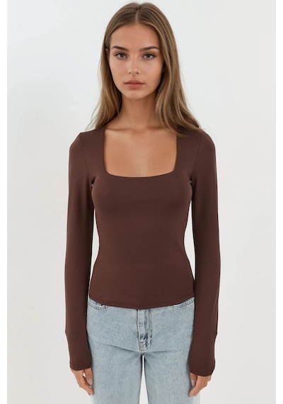 Hiccup Slim Fit Kare Yaka Esnek Üst Koyu Mocha Kahve