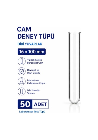 16x100 Mm Cam Deney Tüpü Dibi Yuvarlak 50 Adet Laboratuvar Test Tüpü