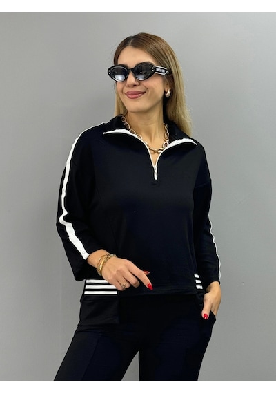 Defymoda Kadın Polo Yaka Paça Yırtmaçlı Ribanalı İkili Takım Siyah