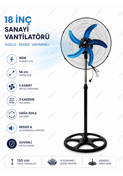 Nvg 18 İnç Sanayi Tipi Vantilatör 80w Güçlü Sessiz Ayaklı Fan 5 Kanat 3 Kademeli 56cm Geniş Çap Pervane