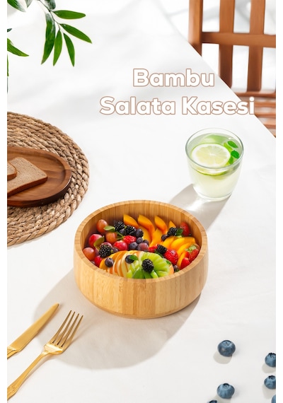 Porsima 2074 Orta Boy Doğal Bambu Salata Kasesi 18cm Bambu