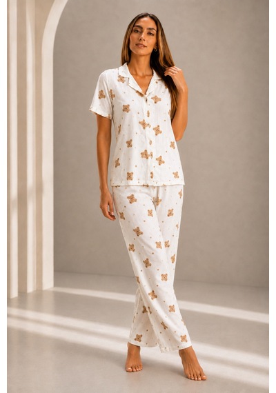 Kadın Kısa Kol Rahat Kalıp Şık Kırık Beyaz Pijama Takımı