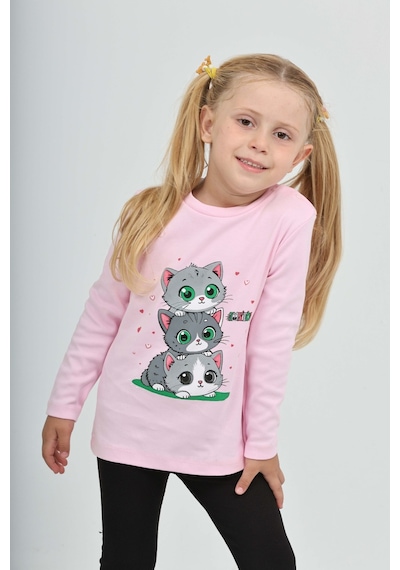 Toontoy Kız Çocuk Üçlü Kedi Baskılı Sweatshirt Pembe