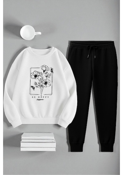 Uyguntarz Unisex Kurdele Tasarım Baskılı Bisiklet Yaka Sweatshirt 2'li Eşofman Takımı Beyaz