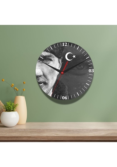 Atatürk Tasarımlı Duvar Cam Saati Beyaz