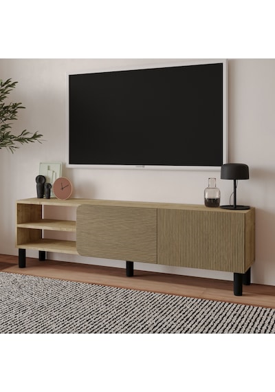 İnarch Dizayn River 150 Cm Modern Tv Sehpası Kapaklı Ve Raflı Tasarım Safir Meşe