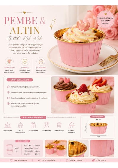 Pembe Gold Parlak Metalize 25'li Muffin Cupcake Kek Kapsülü