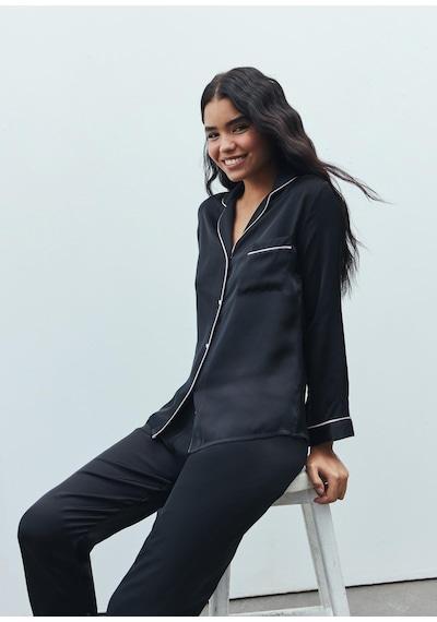 Amour Siyah Uzun Saten Pijama Takımı Siyah
