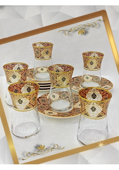 Heybeli Altın Bordo Desenli Cam Porselen Çay Seti 6 Kişilik Tea Set For 6 Persons Premium Porcelain çok renkli