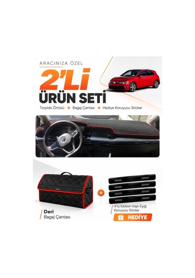 Volkswagen Golf 8 2021-2025 Uyumlu Torpido Örtüsü + Deri Bagaj Çantası + Sticker - Siyah Kırmızı