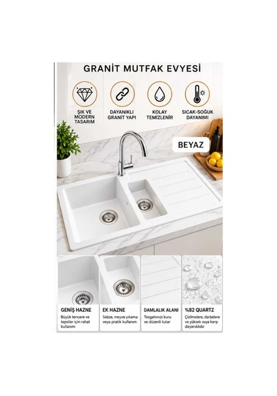Granit Evye Zuma Series Beyaz Renk 1,5 Göz En :1000mm Boy :500mm Derinlik :200 Mm