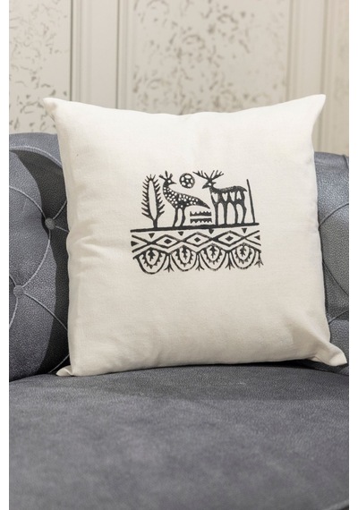Etnik Hitit Desen El Baskısı Kırlent Kılıfı 2 Li 45x45 Cm %100 Organik Hambez Kumaş Ekru - 678650614 Ekru