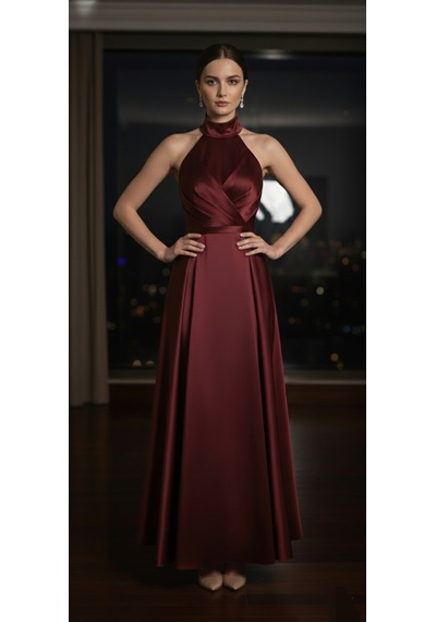 Makbuleofficial Bordo Saten Kumaştan Halter Yakalı Pile Detaylı Abiye Elbise