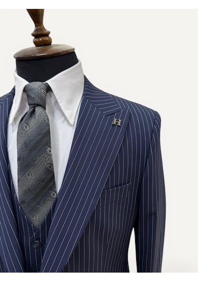 Hermose Sartorial Gece Mavisi Çizgili Yelekli Takım Elbise Mavi