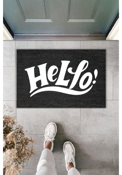 Rugmood Modern Dijital Baskı Paspas - Hello Yazılı - Kapı Önü Paspası 70x45cm Siyah