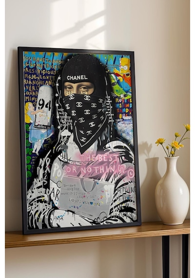 Chanel Maskeli Mona Lisa Çerçeveli Tablo Lüks Butik Güzellik Salonu Dekoru Street Art