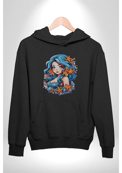 Deniz Kızı Deniz Yıldızı Mavi Saçlı Kadın Erkek Siyah Kapüşonlu Sweatshirt Hoodie Siyah