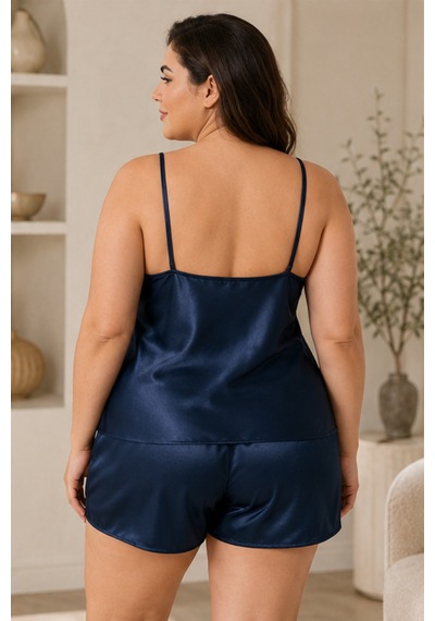 Loule Büyük Beden Lacivert Saten Şortlu Pijama Geniş Dantel Detaylı