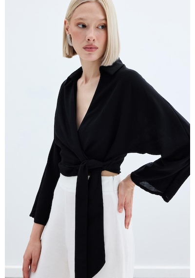 Sateen Bağlamalı Keten Bluz - Siyah-136205 Siyah